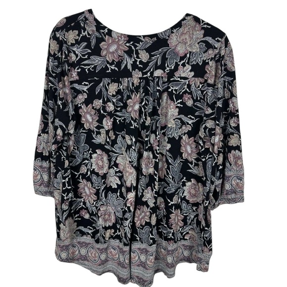 Lucky Brand Womens Boho Top 1X Black Floral 3/4 Sleeve Cottagecore Peasant - Picture 2 of 6